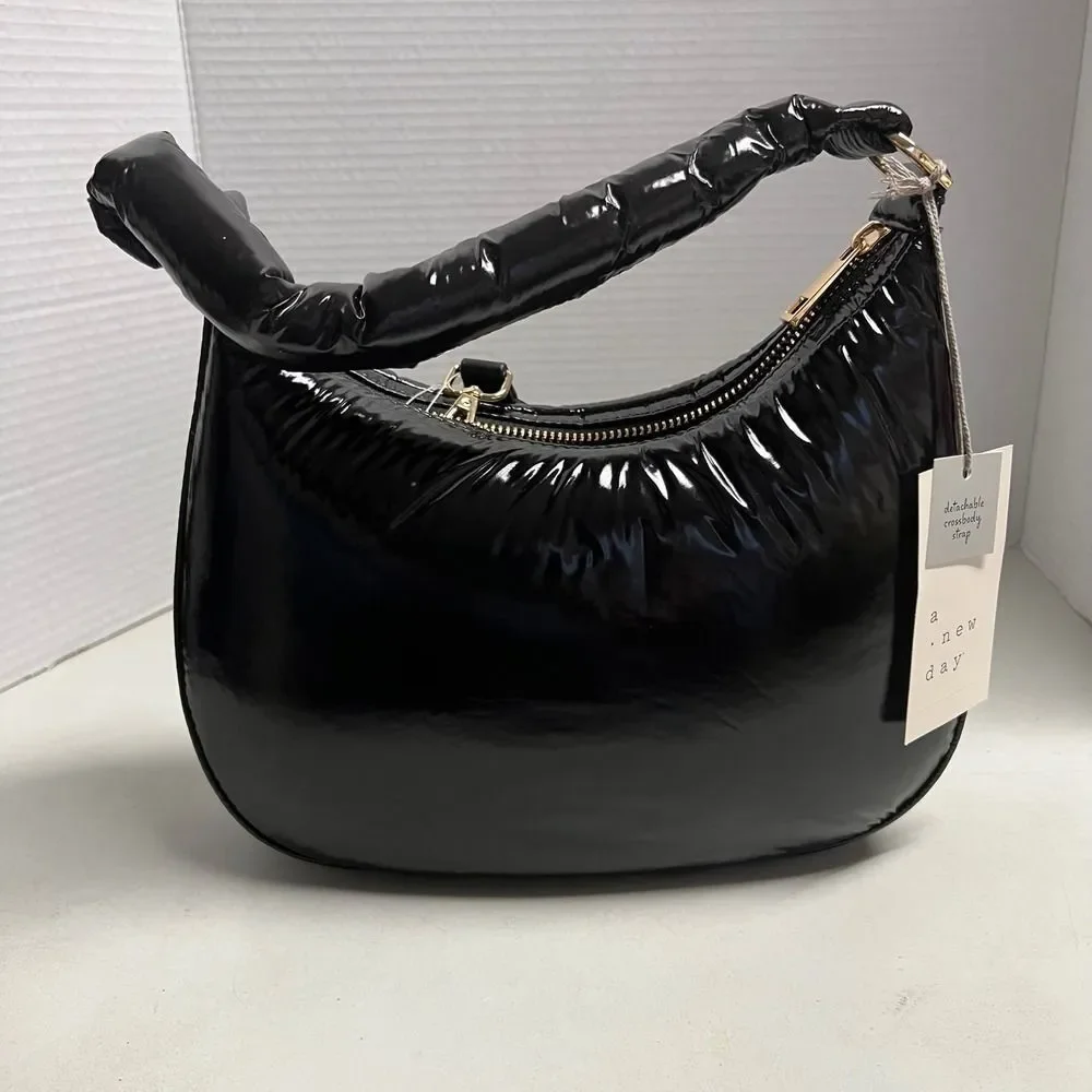 A New Day Black Puffer Hobo Bag with Detachable Crossbody Strap‎ Shiny Soft NEW